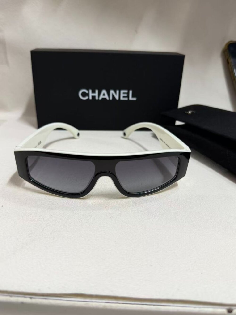 CHANEL 6057 Urban Vintage Shield Sunglasses Black & White/Gray Lens 100% UV